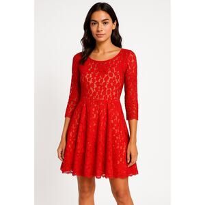 Free People Red Lace Fit & Flare Dress Women’s 12 Lined 3/4 Sleeve Holiday